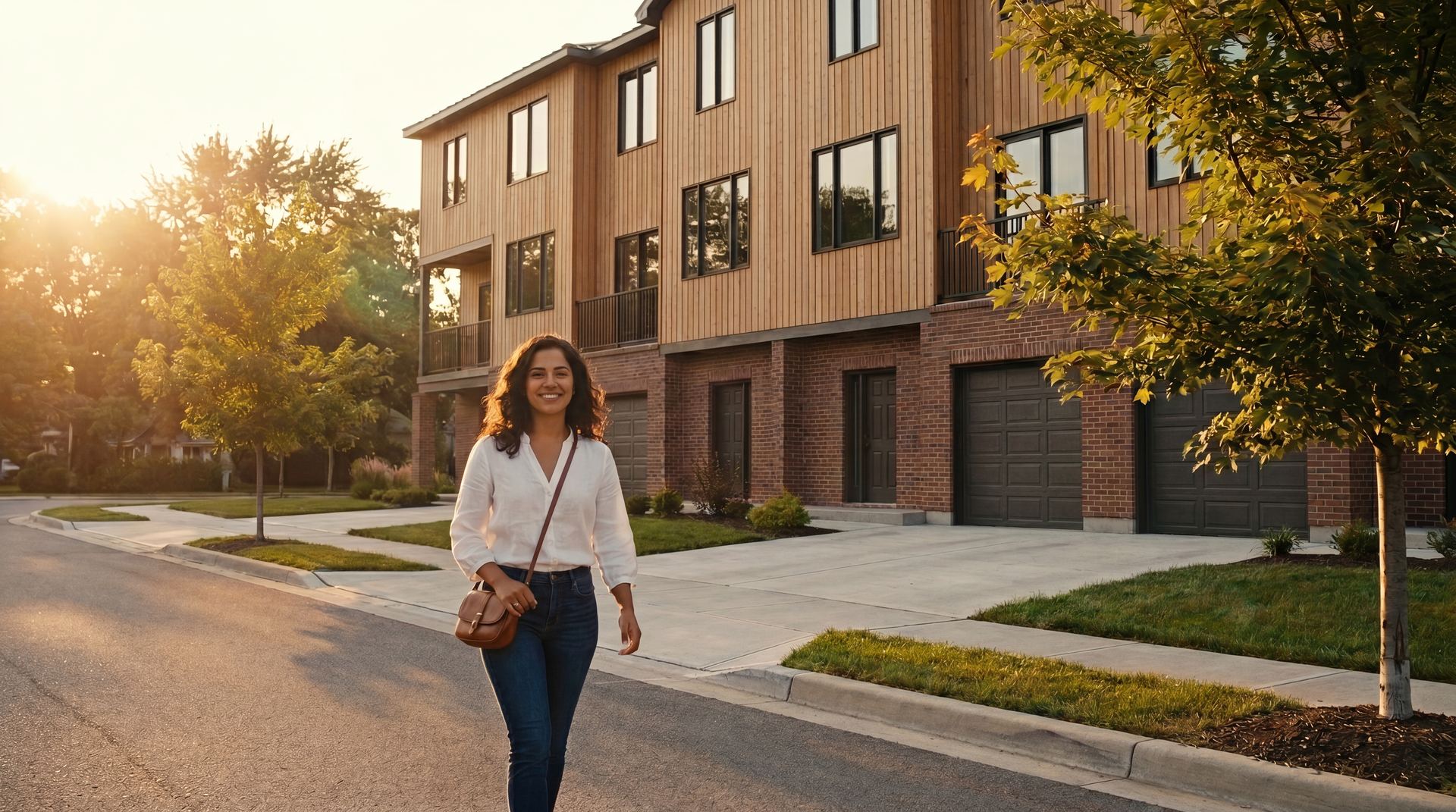 Woman walking in front of townhomes at golden hour